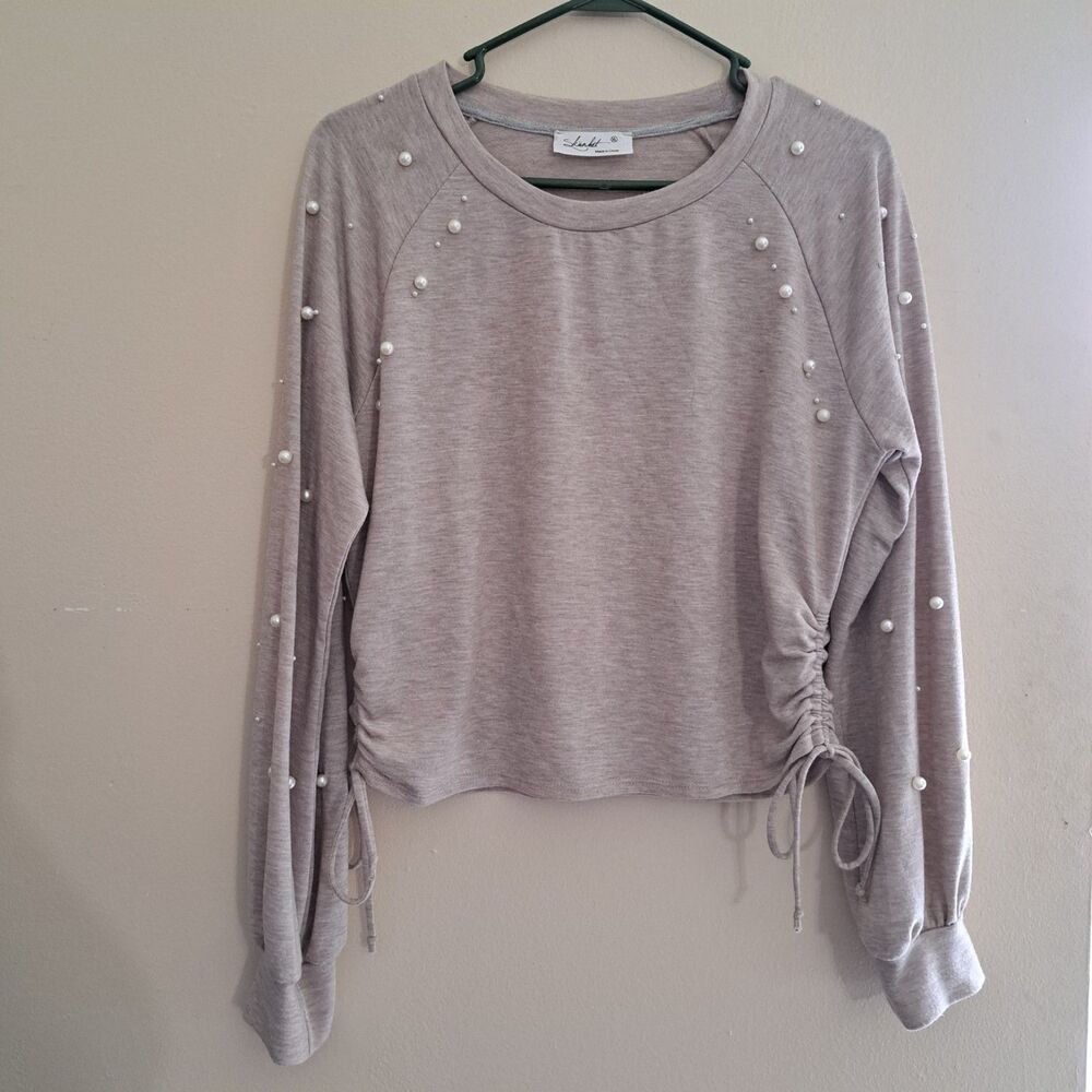 SKONHET Light Brown Pearl Embellished long Sleeve Shirt W Side Tie Size XL